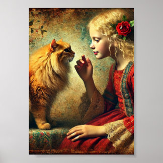 Poster Fille et Orange Tabby Cat Mur Art, Antique