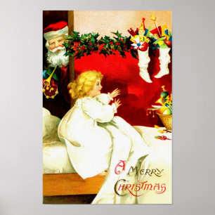 Poster Fille et Père Noël le soir de Noël