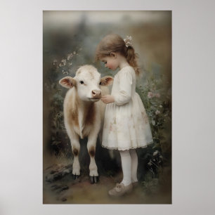 Poster Fille et vache imprimé Antique Farmhouse Cottageco