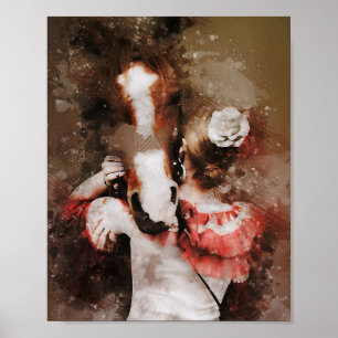 Poster fille étreindre cheval belle aquarelle peinture