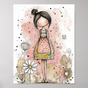 Poster Fille Fantaisiste Aquarelle aux Accents Floraux (4