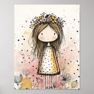 Poster Fille Fantaisiste Aquarelle aux Accents Floraux (6