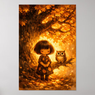 Poster Fille Fantaisiste et Hibou - Chêne Arbre Automne H