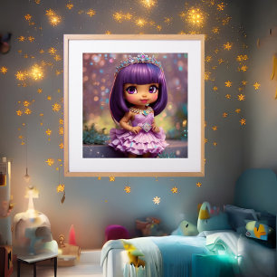 Poster Fille fantaisiste mignonne Princesse rose Tiare et