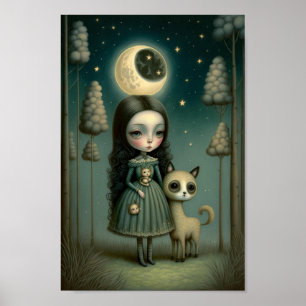 Poster Fille fantastique dans les bois avec la lune