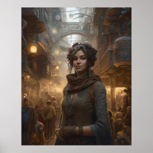 Poster Fille Flâner dans une rue Steampunk