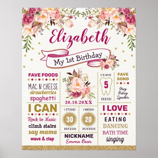 Poster Fille Fleurie Rose Chic Rustique Anniversaire Étap (Devant)
