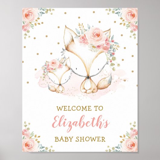 Poster Fille Fox Blush rose Baby shower Floral Bienvenue (Devant)