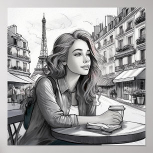 Poster Fille Française qui a du café