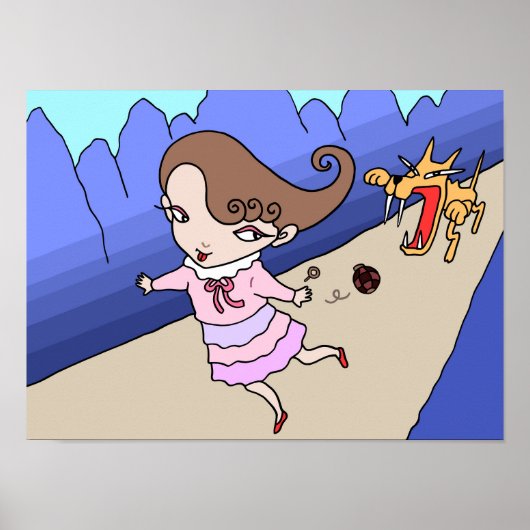 Poster Fille fuyant un loup féroce. (Devant)