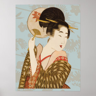 Poster Fille Geisha Japonaise Vintage en Kimono avec Éven