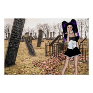 Poster Fille gothique d'Halloween dans le cimetière