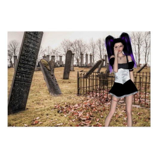 Poster Fille gothique d'Halloween dans le cimetière (Devant)
