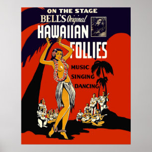 Poster Fille hula d'Hawaii, danse traditionnelle, musique