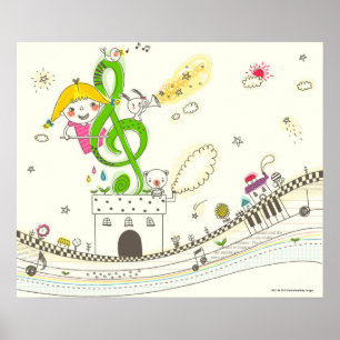 Poster Fille jouant avec les notes musicales sur la