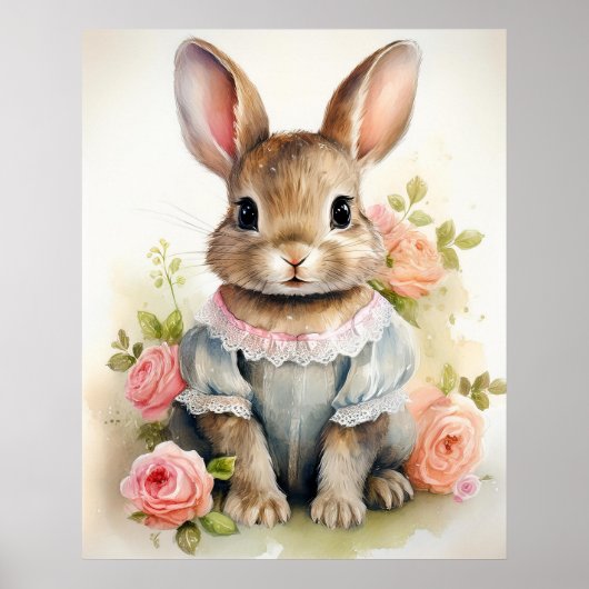 Poster Fille lapin antique shabby chic (Devant)