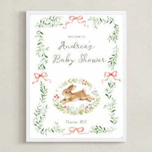 Poster Fille Lapin Fleur Rose Bienvenue à la Baby Shower