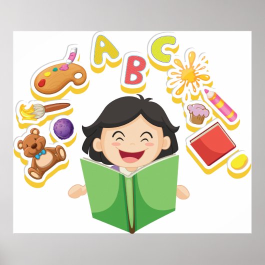 Poster Fille lisant et apprenant les lettres ABC et les j (Devant)