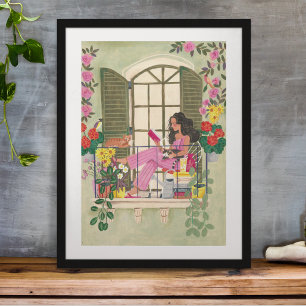 Poster Fille lisant sur un balcon estival avec des chats