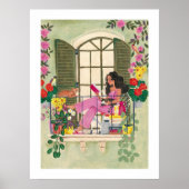 Poster Fille lisant sur un balcon estival avec des chats (Devant)