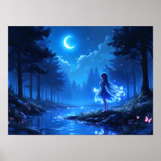Poster Fille Lune dans la forêt enchantée (Devant)