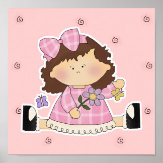 Poster Fille mignonne assise avec des fleurs et des papil