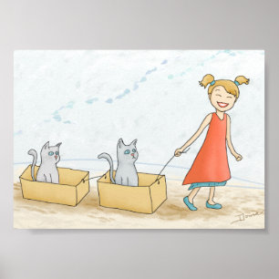 Poster Fille mignonne promenant des chats graphique