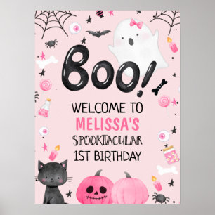 Poster Fille noire rose Boo Halloween Bienvenue Anniversa