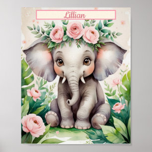 Poster Fille personnalisée Nursery Aquarelle bébé Eléphan
