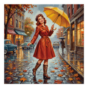 Poster Fille Pin-up de Pluie Automnale Vintage