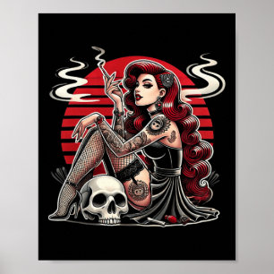 Poster Fille pin-up goth tatouée avec crâne horreur vinta