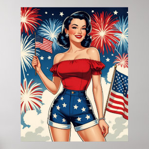 Poster Fille Pin-Up Patriotique – Style Rétro 4 Juillet