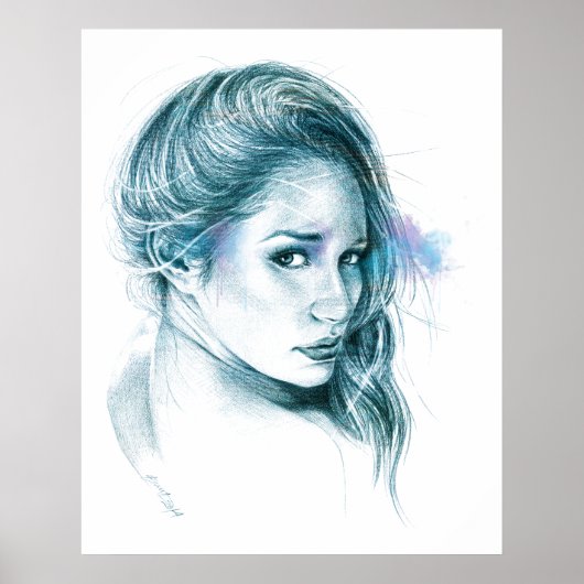 Poster Fille portrait dessin au crayon Bleu (Devant)