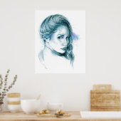Poster Fille portrait dessin au crayon Bleu (Cuisine)
