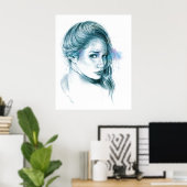 Poster Fille portrait dessin au crayon Bleu (Bureau à domicile)