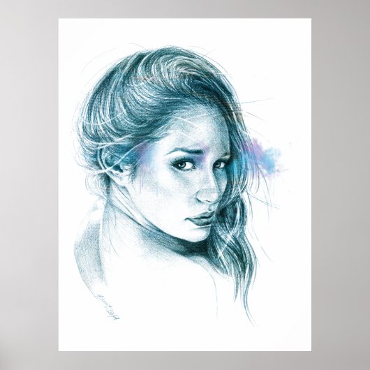 Poster Fille portrait dessin au crayon Bleu (Devant)