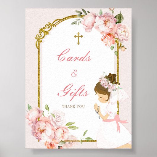 Poster Fille Priant l'or première sainte communion Carte  (Devant)