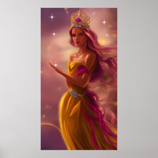Poster Fille princesse rose couronne dorée conte de fée s (Devant)