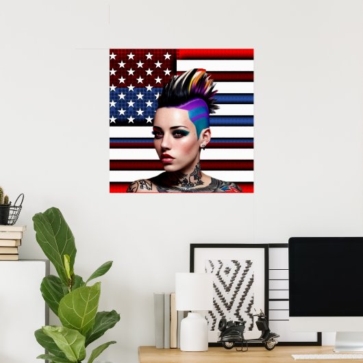 Poster Fille punk mohawk avec drapeau américain (Bureau à domicile)