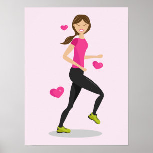 Poster Fille qui aime courir Illustration et cœurs roses