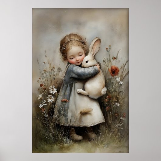 Poster Fille qui étreint un lapin imprimable, Lapin Rusti (Devant)