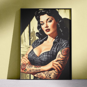 Poster Fille rétro tatouée pin-up