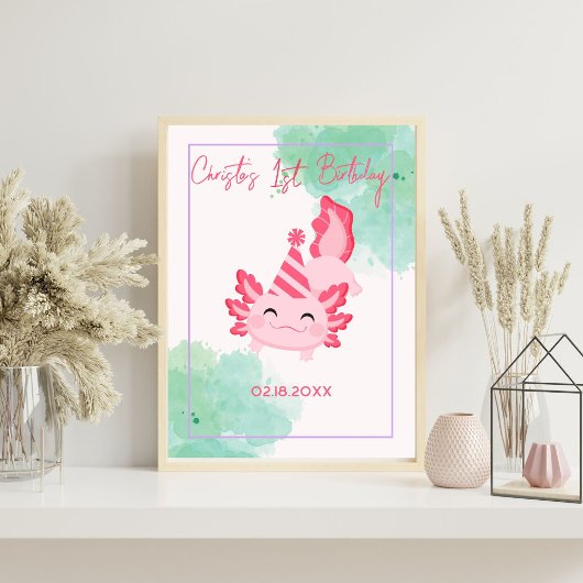 Poster Fille rose Anniversaire Casquette Axolotl Annivers