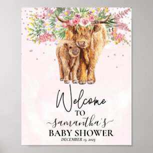 Poster Fille Rose Bienvenue Highland Vache Veau Baby Show