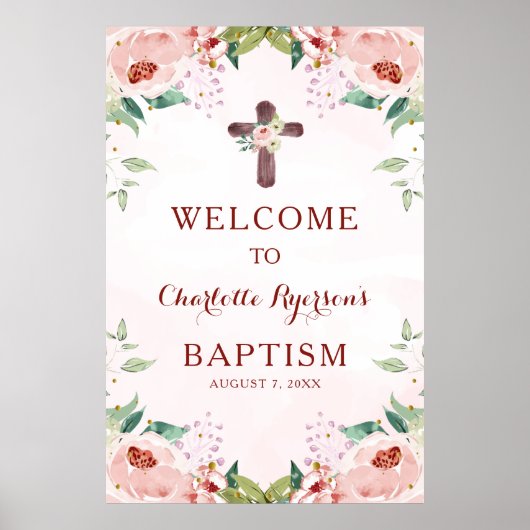 Poster Fille rose Florale Baptême Bienvenue (Devant)