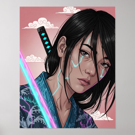 Poster Fille Samouraï Cyberpunk (Devant)