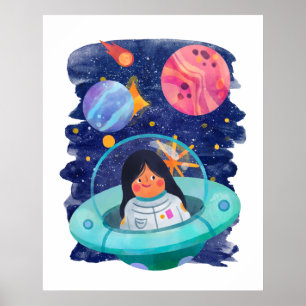 Poster Fille Saucisse Volante Astronaute Espace Extérieur