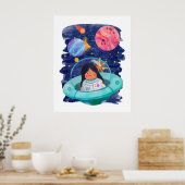 Poster Fille Saucisse Volante Astronaute Espace Planètes (Cuisine)