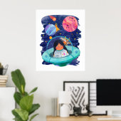 Poster Fille Saucisse Volante Astronaute Espace Planètes (Bureau à domicile)