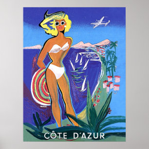 Poster Fille sur la plage, Côte d'Azur